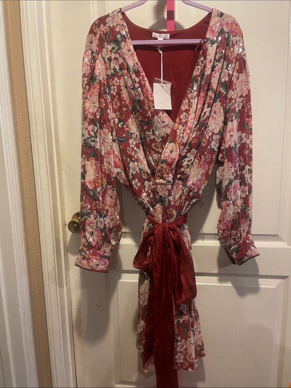 LC Lauren Conrad Coral Pink & Cream Floral Sequin Wrap Dress